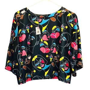 Emperice Womens XL Black Abstract Print Crop Top 100% Polyester